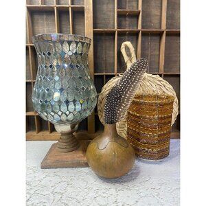 BOHO Glam Vignette Mosaic Glass Hurricane Beaded Pencil Holder Carved Gourd Vase